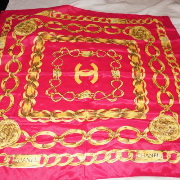 CHANEL Accessories - Chanel Pink & Gold Square Silk Scarf